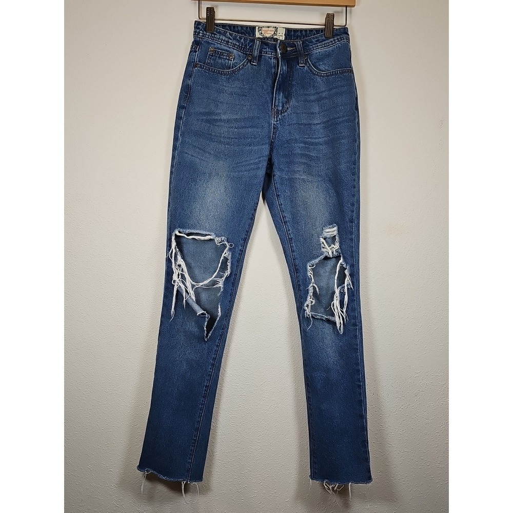 Boohoo Women's Dark Blue Ripped Skinny Jeans Size 2 High Rise Stretch‎ Denim